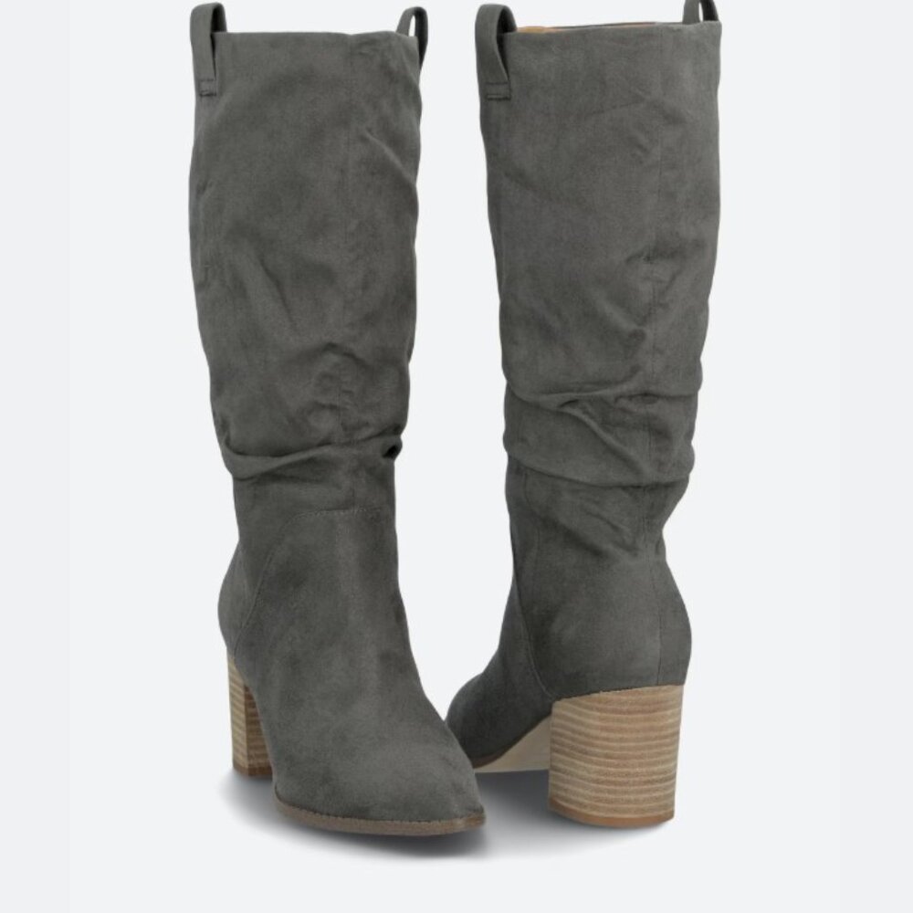 Report Gray Suede Mid-Calf Block Heel Boots